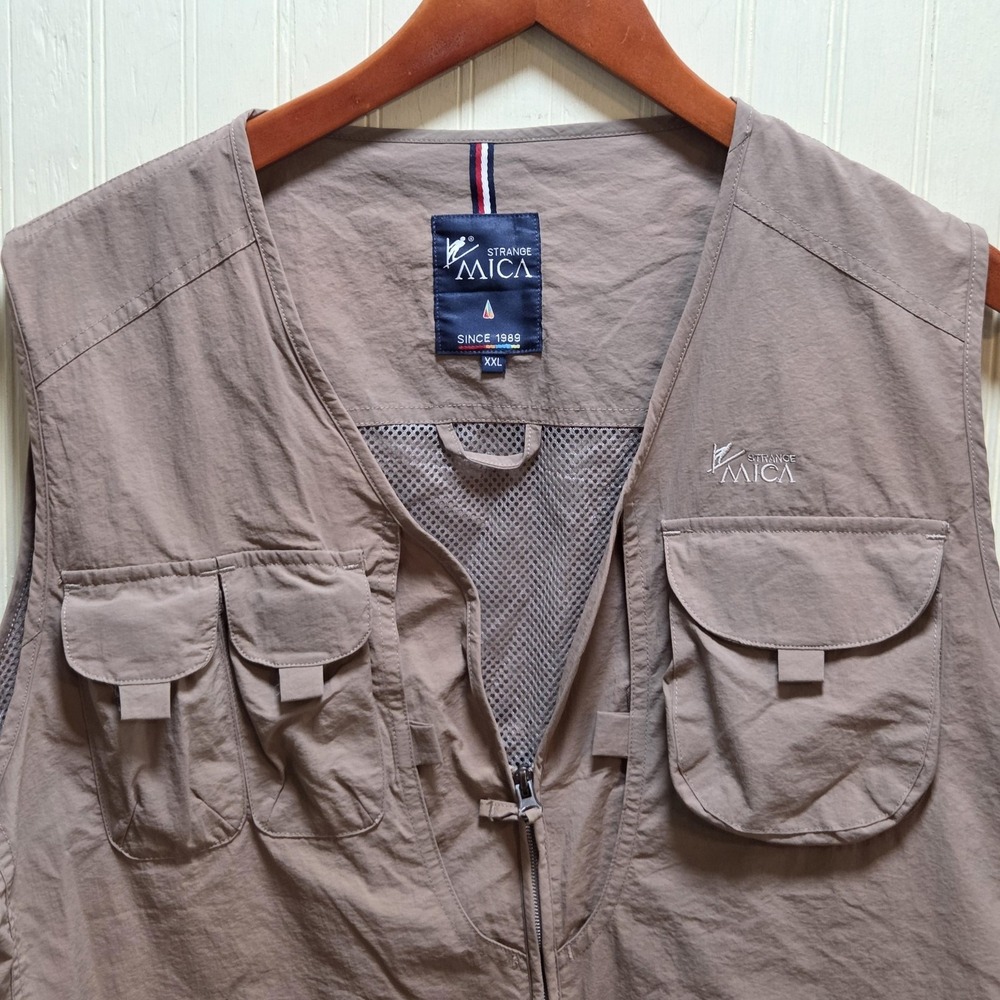 Strange Mica Vest‎ Mens 2XL Brown Nylon Mesh Multi Pocket Outdoor Travel Safari